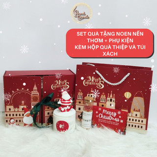 Set quà tặng Noen nến thơm nắp tượng ông già Noen kèm phụ kiện và túi xách