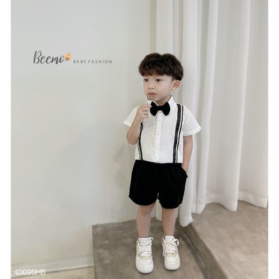 Set bộ sơ mi cộc Beemo kèm nơ, áo sơ mi thô in giả đai mix quần kaki cho bé trai từ 9-25kg 4009SHB