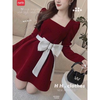 Đầm Xòe Nhung Tay Dài Nơ Eo Cổ Vuông Xinh Xắn 67388