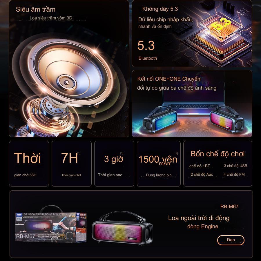 Loa bluetooth REMAX RB-M67, loa bass mạnh có đèn led nhấp nháy theo nhạc, thiết kế thời thượng, chống nước, pin trâu