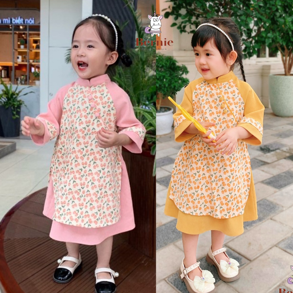 Bộ áo dài Tết bé gái nhung tăm hoa nhí Bernie - Áo dài cách tân kèm váy cho bé từ 8-22kg- 22B458