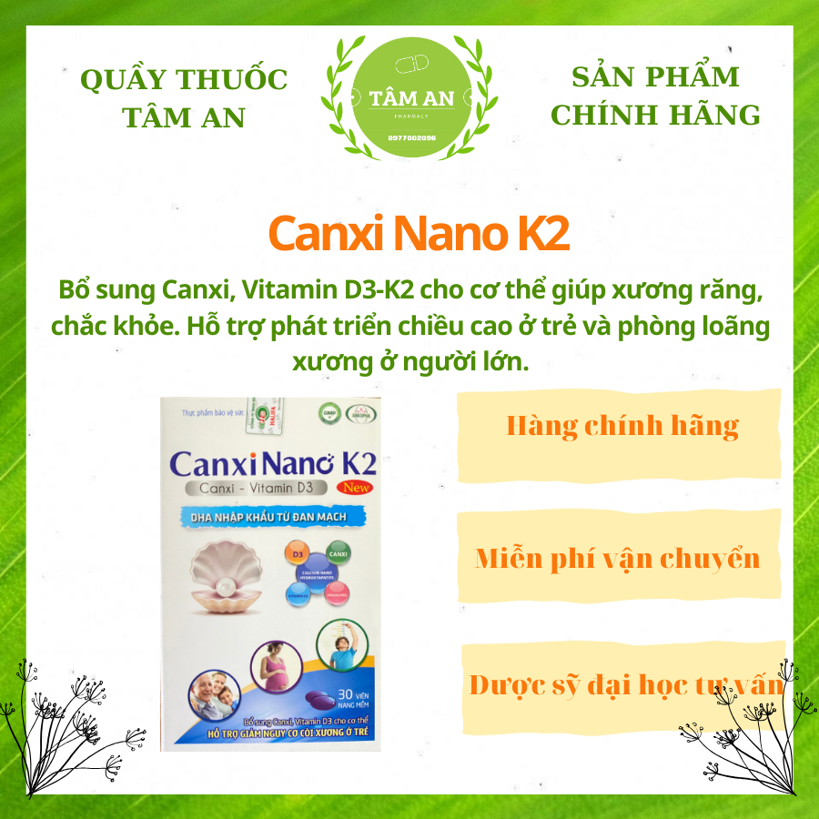 Canxi Nano K2- Bổ sung Canxi nano, Vitamin D3-K2 cho xương răng chắc khỏe Hộp 30 viên