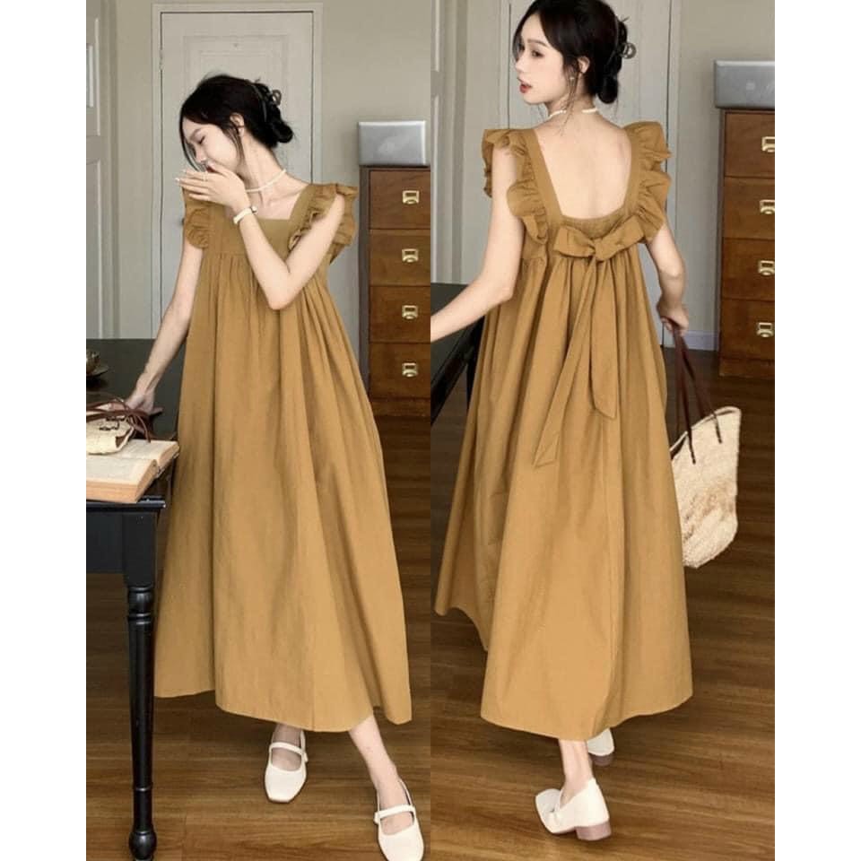 Váy cánh tiên nơ sau dáng dài mặc được 2 kiểu, đầm maxi form rộng hai màu kèm ảnh thật
