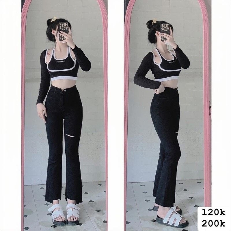 Quần jeans ống ĐỨNG RÁCH 2 màu cạp cao tôn dáng .