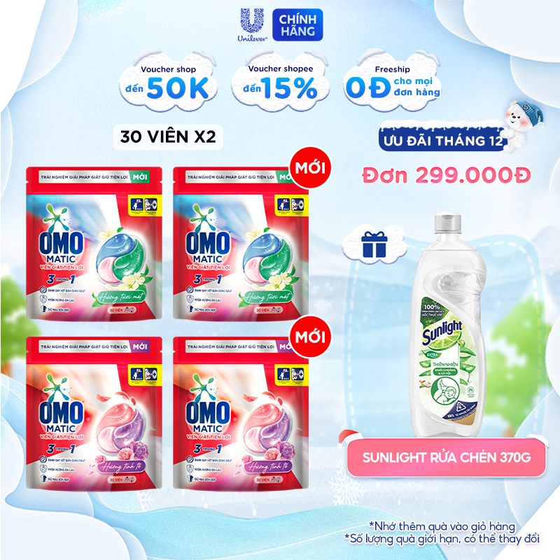 Combo 2 túi viên giặt tiện lợi OMO 3 trong 1 (30 viên/túi)