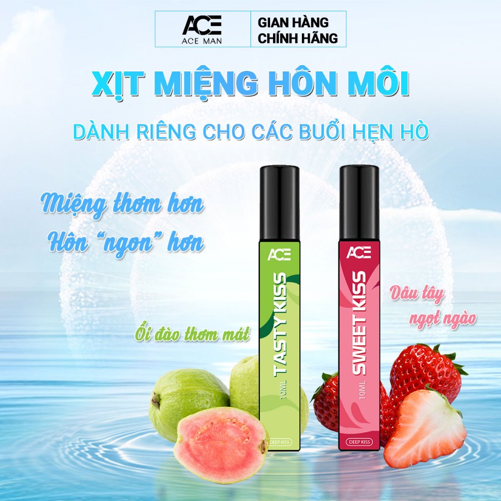 Chai xịt miệng hôn môi ACE 10ml thơm mát ngọt ngào từ hương vị dâu tây và ổi đào dành cho các buổi hẹn hò