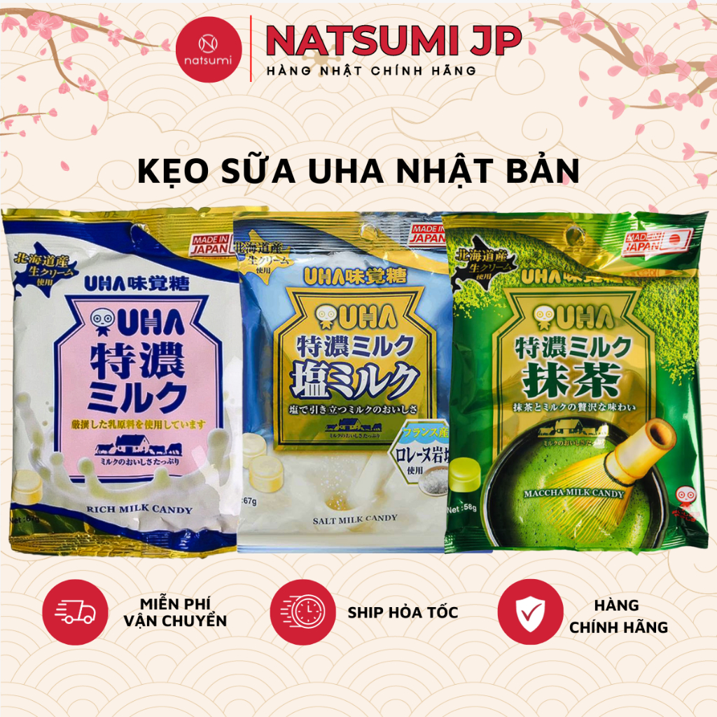 Kẹo UHA Nhật Bản (trà xanh - lúa mạch - sữa bò - đậu đỏ - sữa muối - cafe sữa)