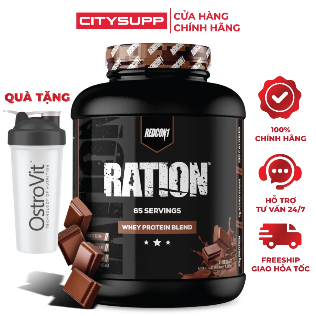 Redcon1 Ration Whey Protein (65 Serving), Sữa Tăng Cơ Đốt Mỡ, 25G Protein, 11.4G EAA + 5.4G BCAA, 2.1KG