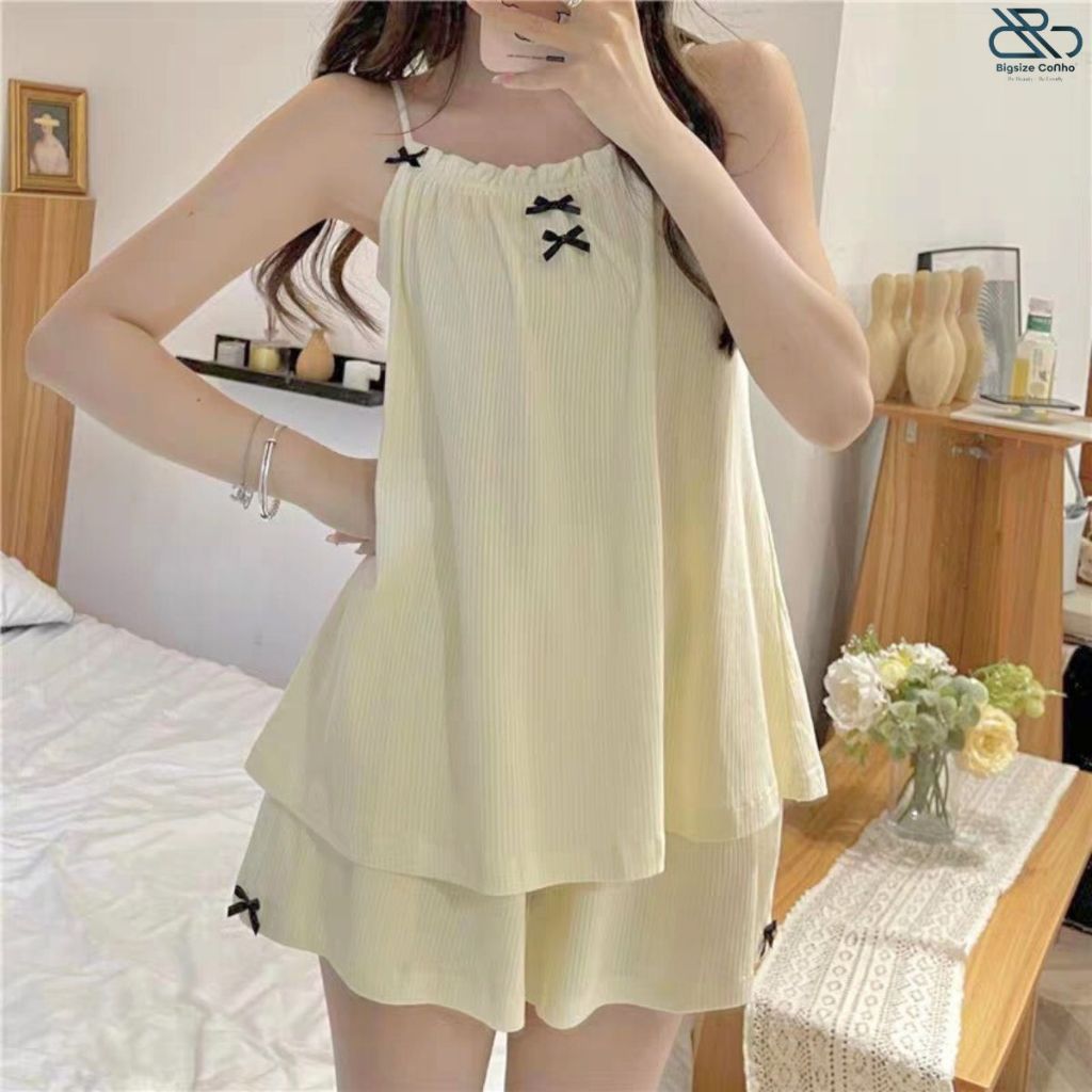 Bộ Quần Áo Dây Bigsize Cô Nhỏ Có Nơ Big Size Vải Gân Tăm Mềm Mát Phù Hợp Mùa Hè SET44