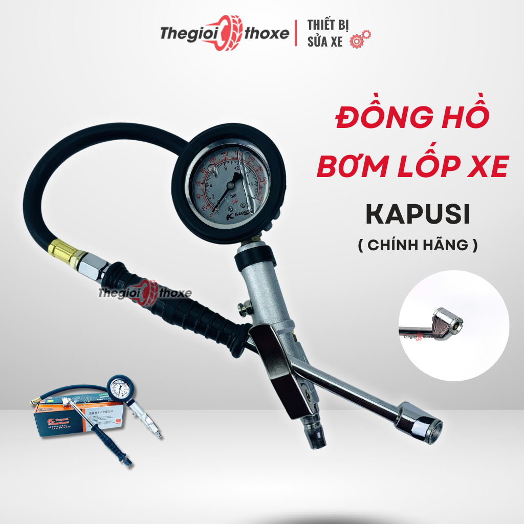 Tay bơm lốp có đồng hồ Nhật Kapusi - Vòi bơm lốp xe máy, ô tô, xe tải chất lượng cao | Thế Giới Thợ Xe