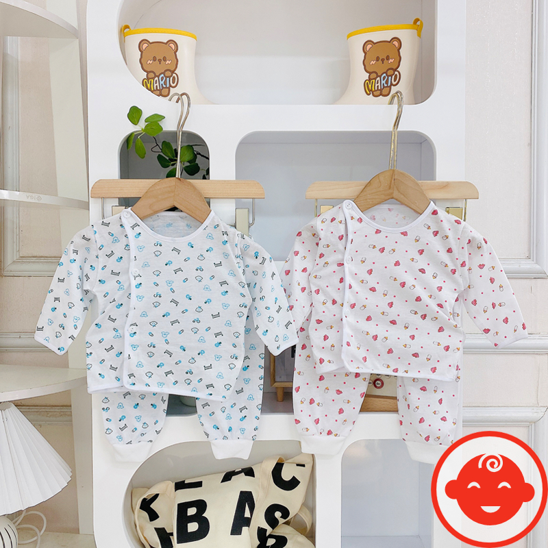 Combo 5 bộ dài tay sơ sinh BÌNH SỮA khuy lệch quần bo đáp đũng cho bé