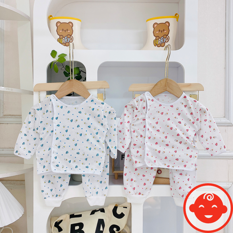 Combo 5 bộ dài tay sơ sinh BÌNH SỮA khuy lệch quần bo đáp đũng cho bé