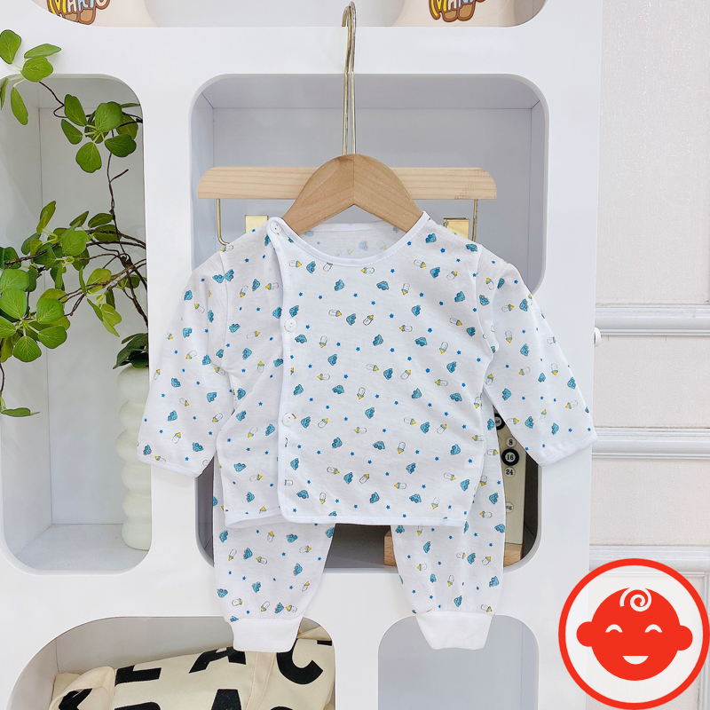 Combo 5 bộ dài tay sơ sinh BÌNH SỮA khuy lệch quần bo đáp đũng cho bé