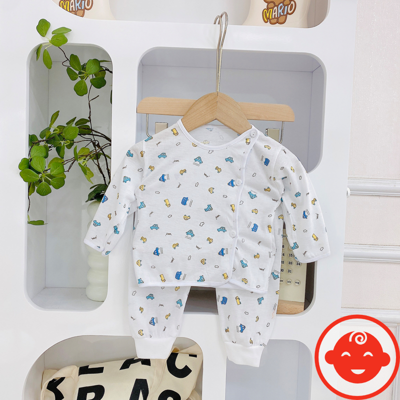 Combo 5 bộ dài tay sơ sinh BÌNH SỮA khuy lệch quần bo đáp đũng cho bé