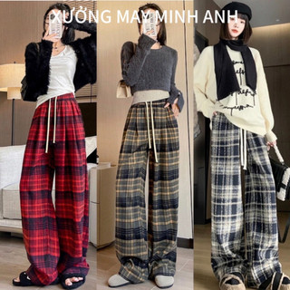  Quần Kẻ Karô Dây Rút Ông Rộng Vải Dày Dặn Mềm Mại Lưng Chun Co Gian Ulzzang 