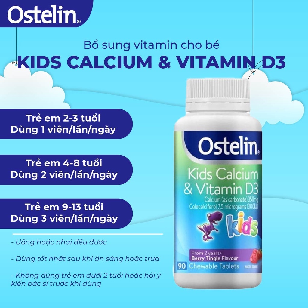 Canxi và Vitamin D3 cho bé, Canxi Khủng long Calcium & D3 Ostelin Kids 90