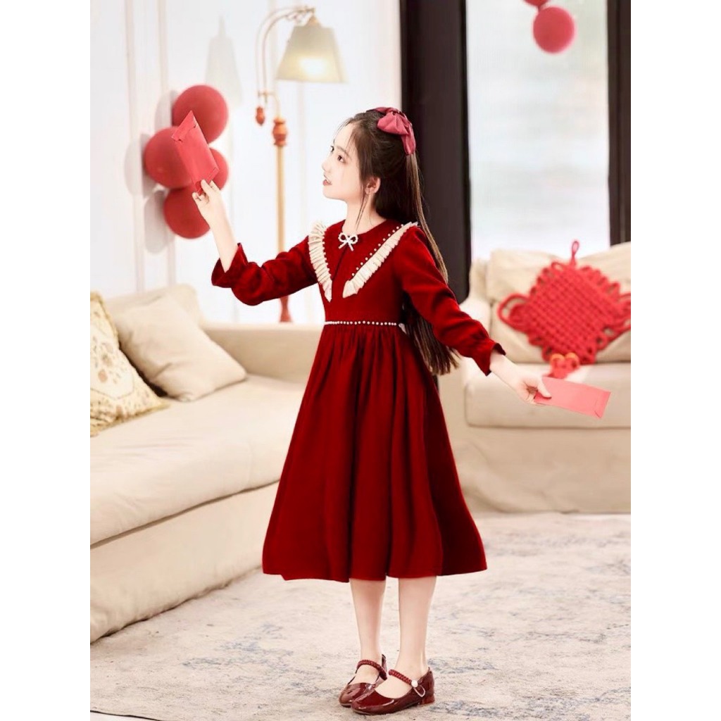 Váy nhung phối dạ dài tay mẫu hàn quốc siêu sang chảnh cho gái lớn 18-38kg, váy nhung tết cho bé gái