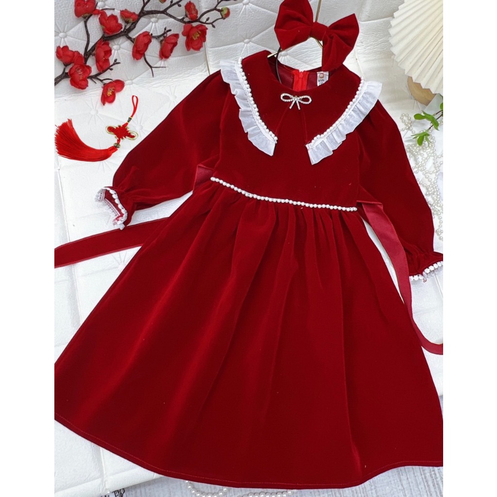 Váy nhung phối dạ dài tay mẫu hàn quốc siêu sang chảnh cho gái lớn 18-38kg, váy nhung tết cho bé gái