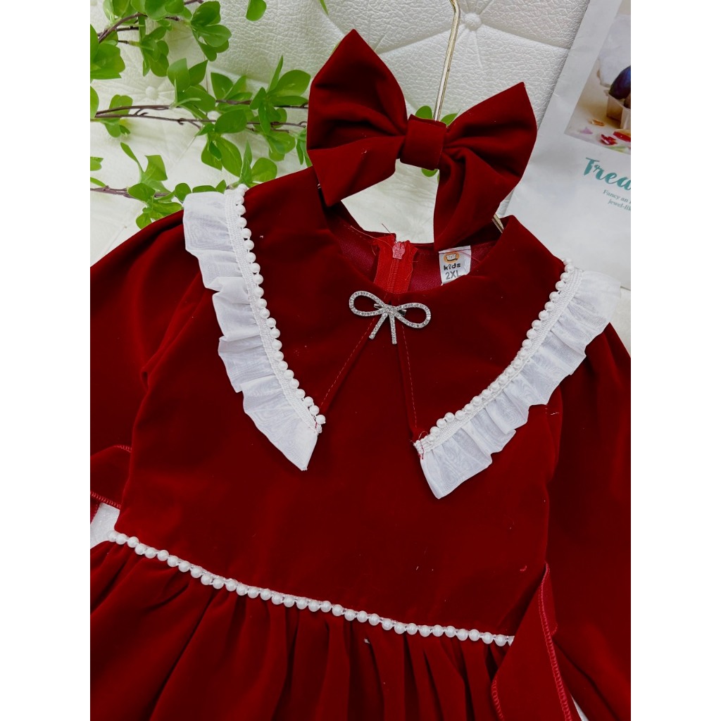 Váy nhung phối dạ dài tay mẫu hàn quốc siêu sang chảnh cho gái lớn 18-38kg, váy nhung tết cho bé gái