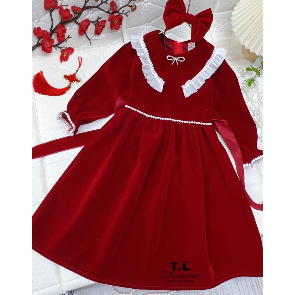 Váy nhung phối dạ dài tay mẫu hàn quốc siêu sang chảnh cho gái lớn 18-38kg, váy nhung tết cho bé gái