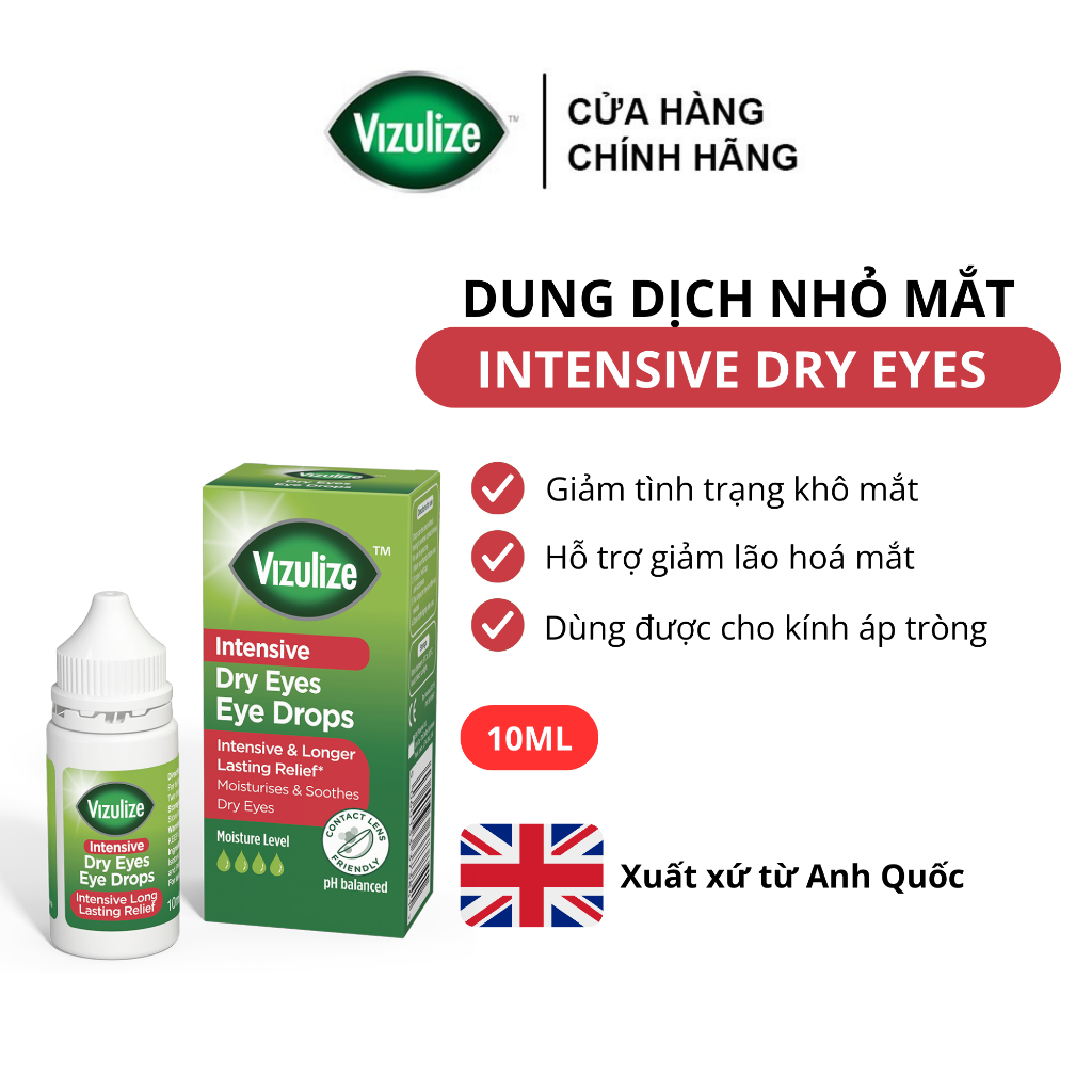 Dung dịch nhỏ mắt Vizulize Intensive Dry Eyes Eye Drops 10ml giúp làm dịu và giảm khô mắt, giảm quá trình lão hóa mắt.