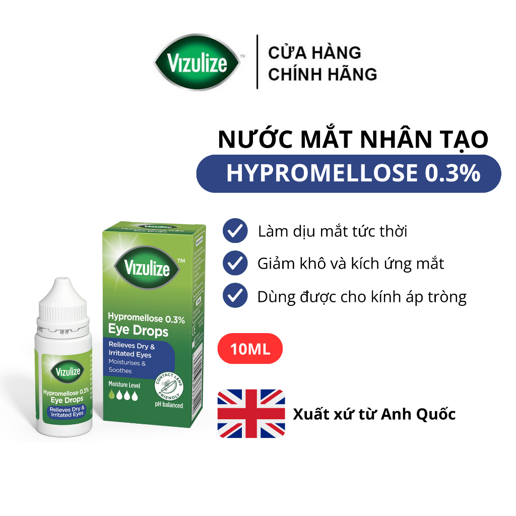 Nước mắt nhân tạo Vizulize Hypromellose làm dịu mắt tức thời, giảm cảm giác khô và kích ứng mắt do thời tiết, môi trường
