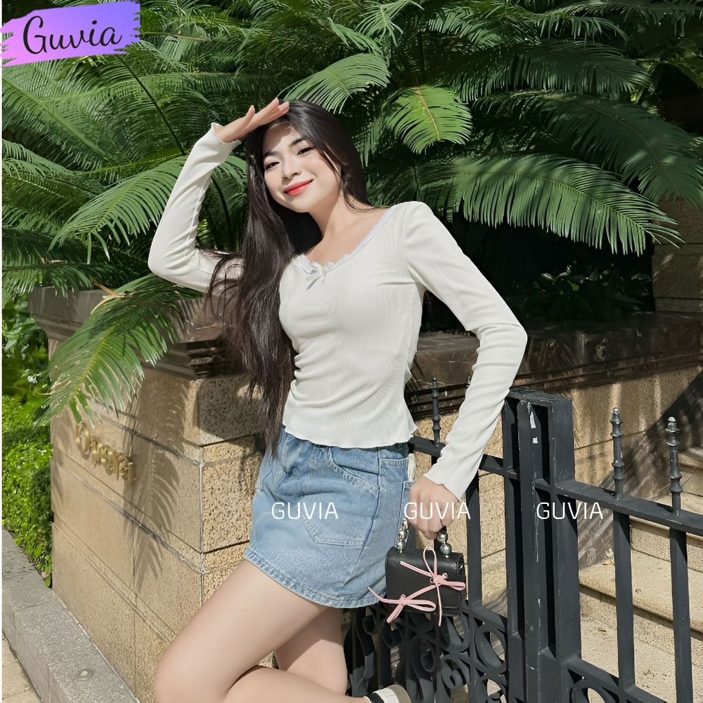 Áo Tay Dài Viền Cổ Ren Đính Nơ, Áo Thun Tay Dài Co Giãn Ôm Body Chất Liệu Tốt Mặc Đẹp GUVIA