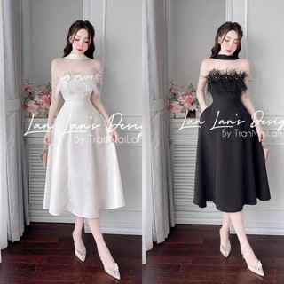 Váy Nữ Thiết Kế Tinh Tế Thích Hợp Diện Đi Dự Tiệc, Đầm Cup Ngực Đính Hoa Lông Vũ Chất Tafta Dáng Xòe