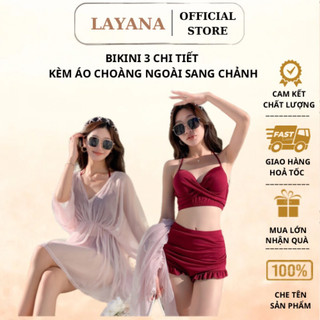 Bộ bơi, bikini đi biển 3 chi tiết LAYANA có áo choàng ngoài hàng cao cấp màu đỏ và màu đen _LAYANA Store