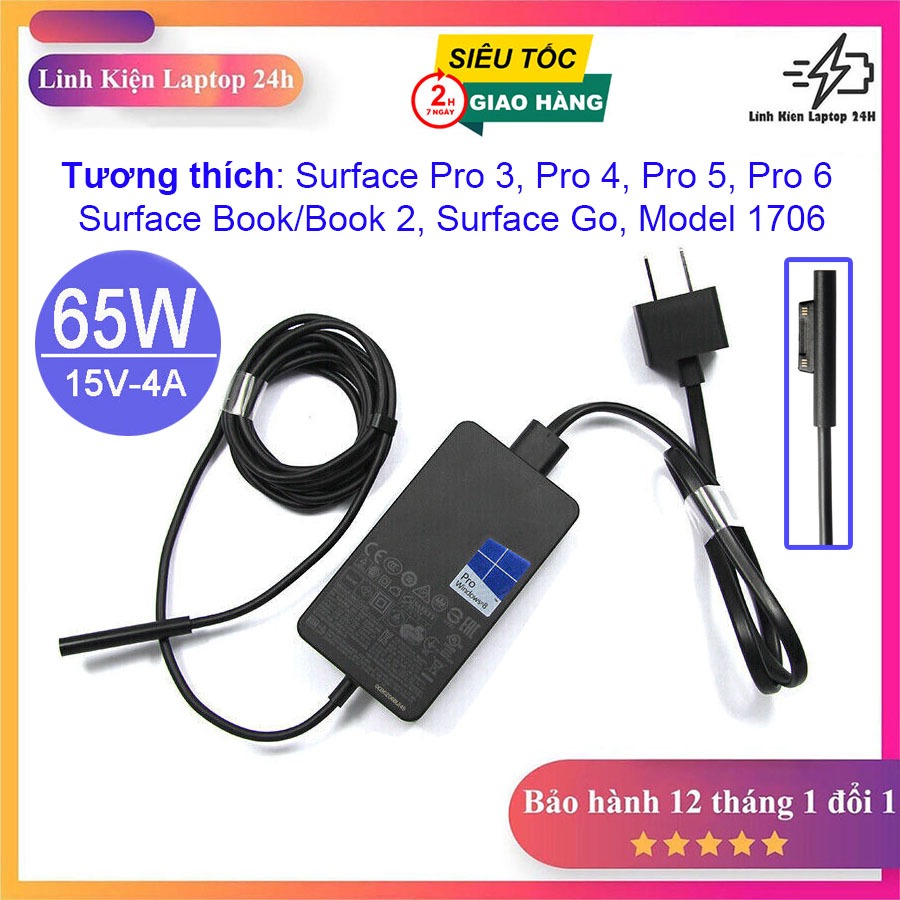 Sạc Microsoft Surface 15V 4A 65W Dành cho Surface Pro 3, Pro 4, Pro 5, Pro 6