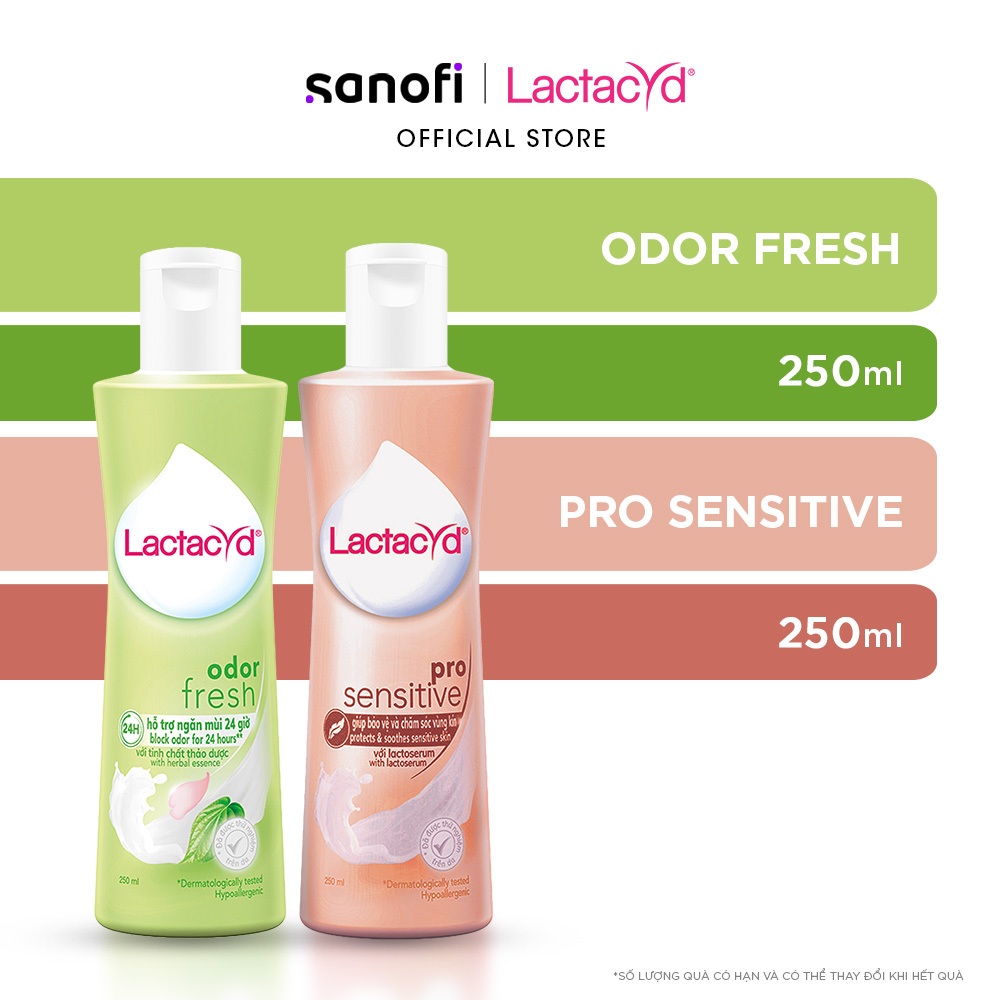 Bộ Dung Dịch Vệ Sinh Phụ Nữ Lactacyd Odor Fresh Ngăn Mùi 24H 250ml + Pro Sensitive Cho Da Nhạy Cảm 250ml