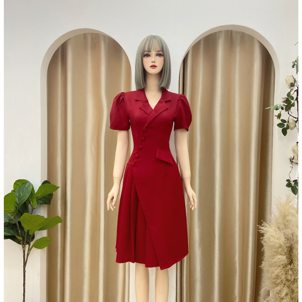 Đầm vest đi tiệc Nhật Vy phối cúc bọc xếp ly tay phồng chất linen gân phù hợp dạo phố công sở sang trọng - DA2740