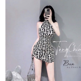 đầm yếm lưới rút dây 1 bên họa tiết sang chảnh
