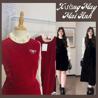  Váy Nhung Dài Tay Phối Tơ Voan,Đầm Dự Tiệc Thiết Kế Sang Trọng Cực Kì Sang Chảnh 