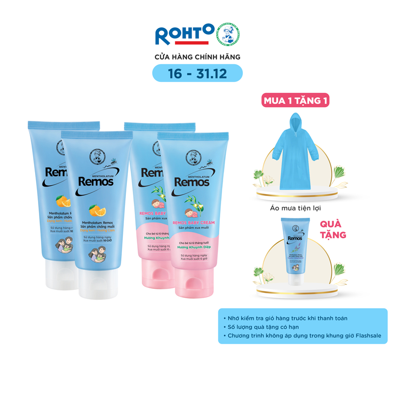  Bộ 4 sản phẩm Kem chống muỗi Remos: 2 Remos hương Cam 70g + 2 Kem Remos Baby 70g +TẶNG Kem Remos hương Lavender 70g