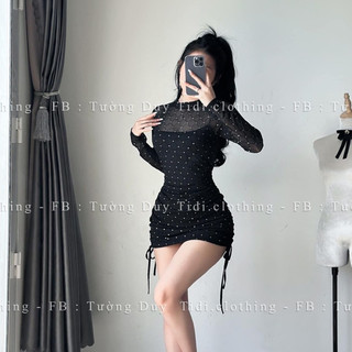 đầm lưới đính hạt tay dài rút dây 2 bên sexy