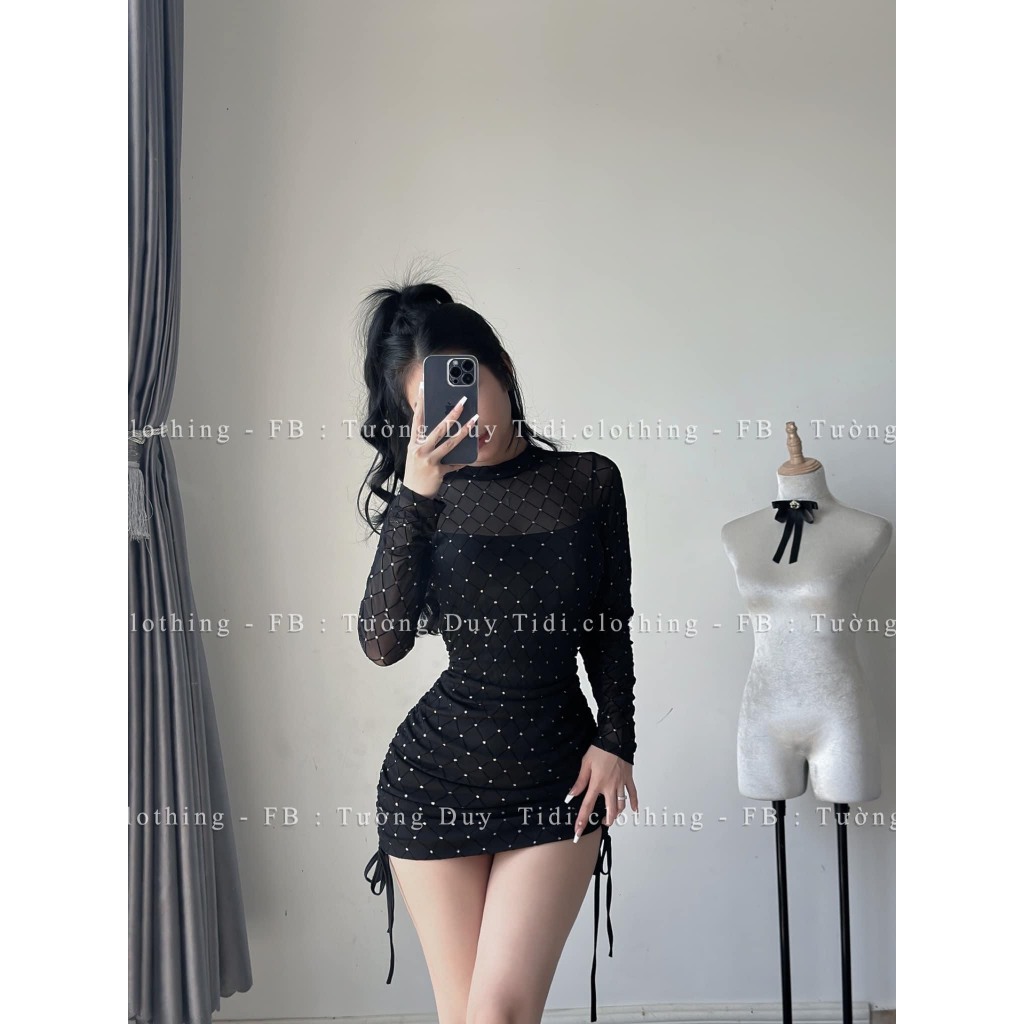 đầm body tay dài rút dây 2 bên hông đính hạt lưới sexy