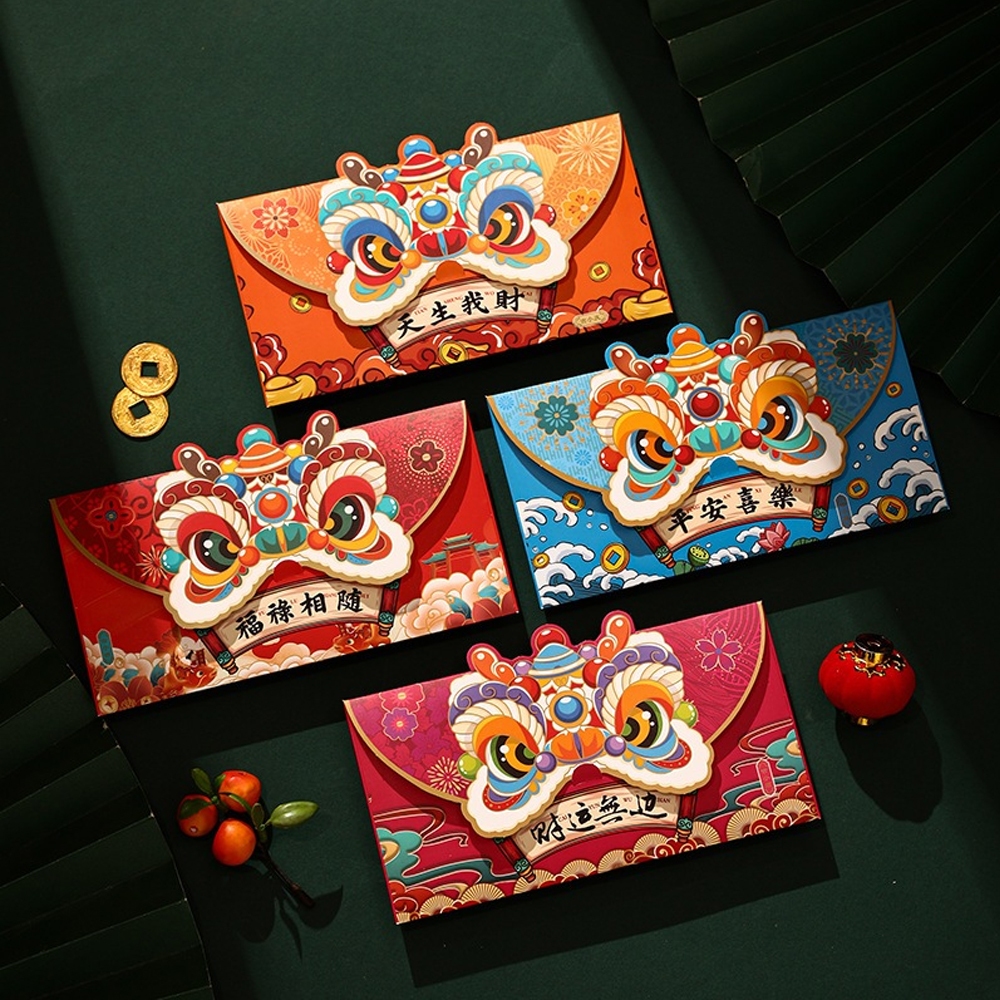 Combo 4 Bao Lì Xì Tết 2024 Họa Tiết Lân Rồng May Mắn Phong Cách Truyền Thống, Set 4 Bao Lì Xì Tết 2024.