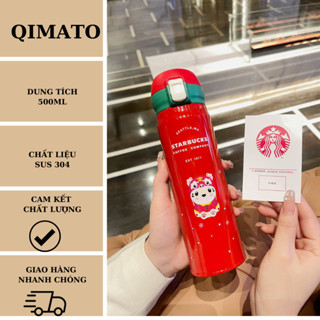 Bình nước giữ nhiệt Starbuck Thermos bản tết 500ml, bình đựng nước inox 304 nắp kín màu đỏ độc lạ Qimato