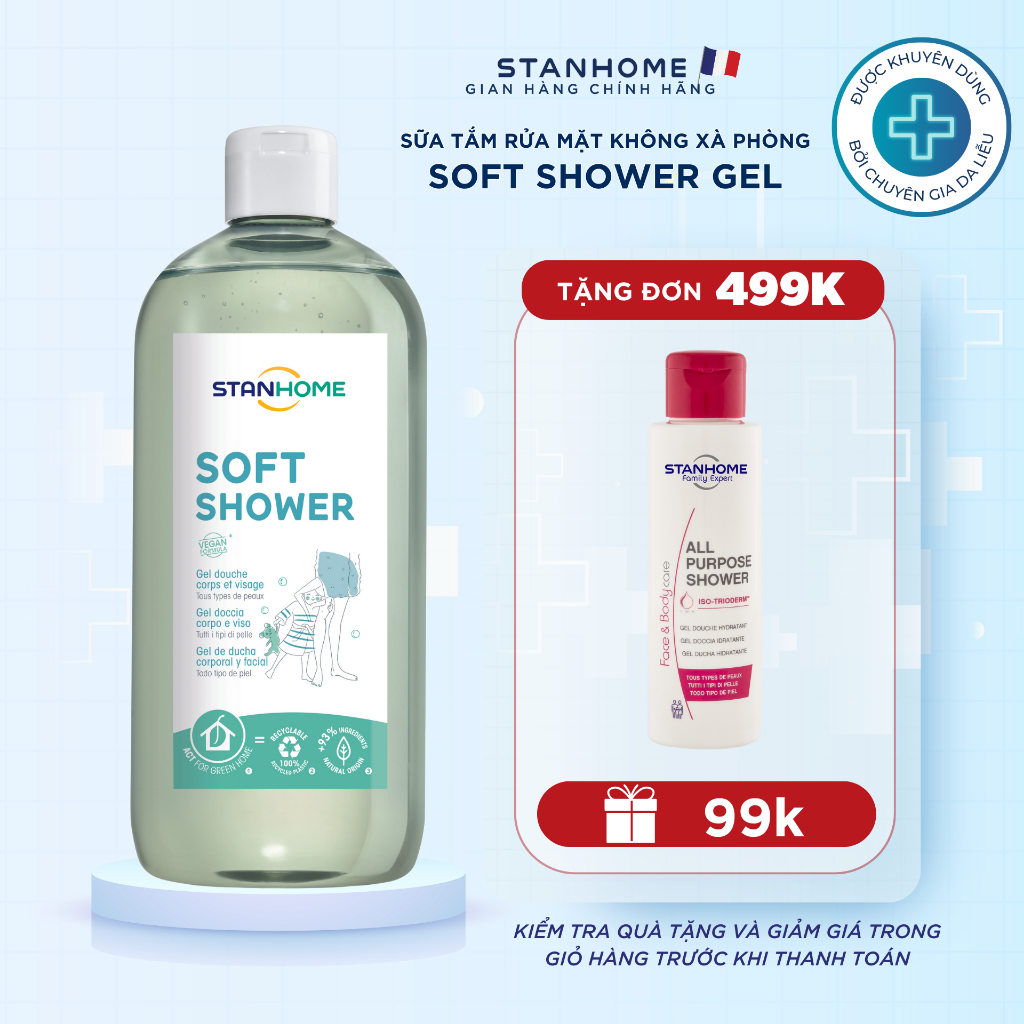Sữa tắm, rửa mặt không xà phòng cho mọi loại da và da nhạy cảm Stanhome Family Expert Soft Shower 740ml/chai