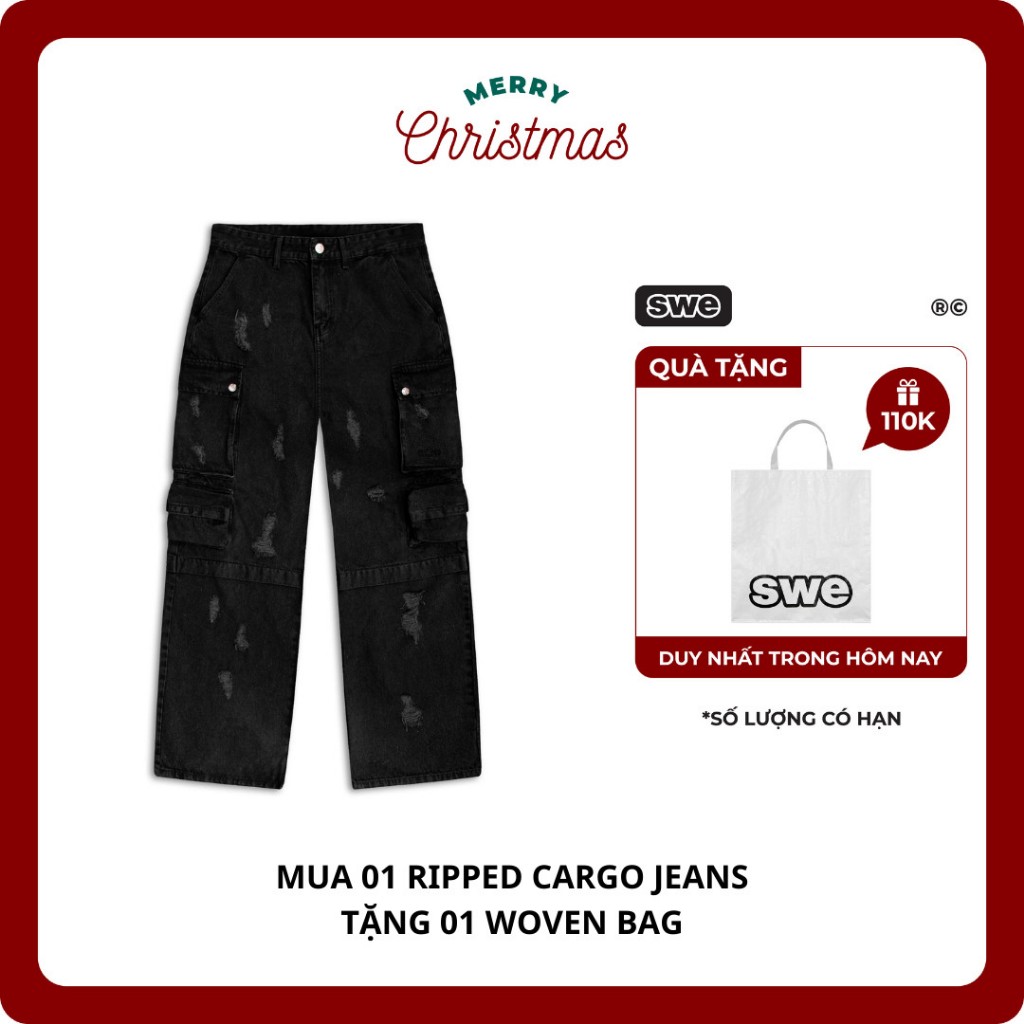 (TẶNG TÚI WOVEN BAG) Quần Cargo Ống Rộng Nam/ Nữ SWE RIPPED CARGO JEANS - Đen