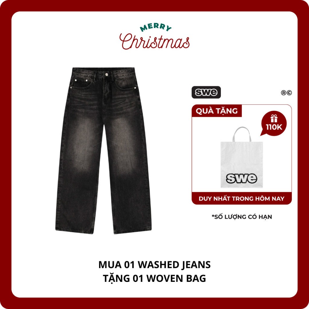 (TẶNG TÚI WOVEN BAG) Quần Jeans Wash Ống Rộng Nam/ Nữ SWE WASHED JEANS - Đen