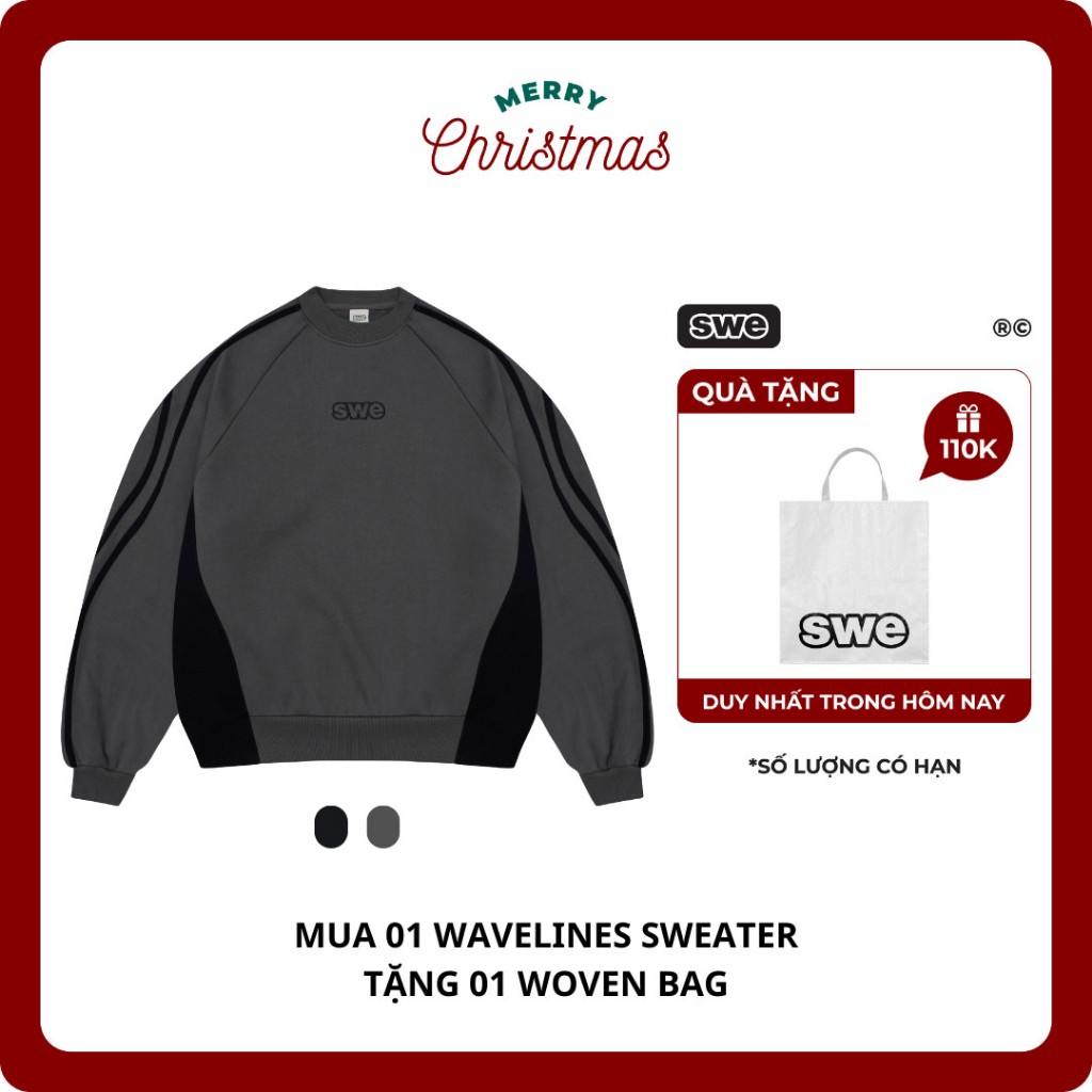 (TẶNG TÚI WOVEN BAG) Áo Sweater unisex SWE WAVELINES SWEATER - Xám/ Đen