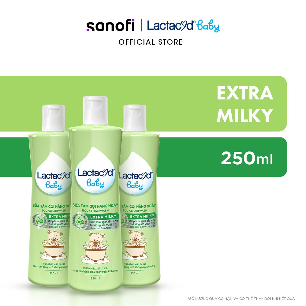 Bộ 3 chai Sữa Tắm Gội Trẻ Em Lactacyd Baby Extra Milky Làm Sạch Dịu Nhẹ và Dưỡng Ẩm Vượt Trội 250ml/chai