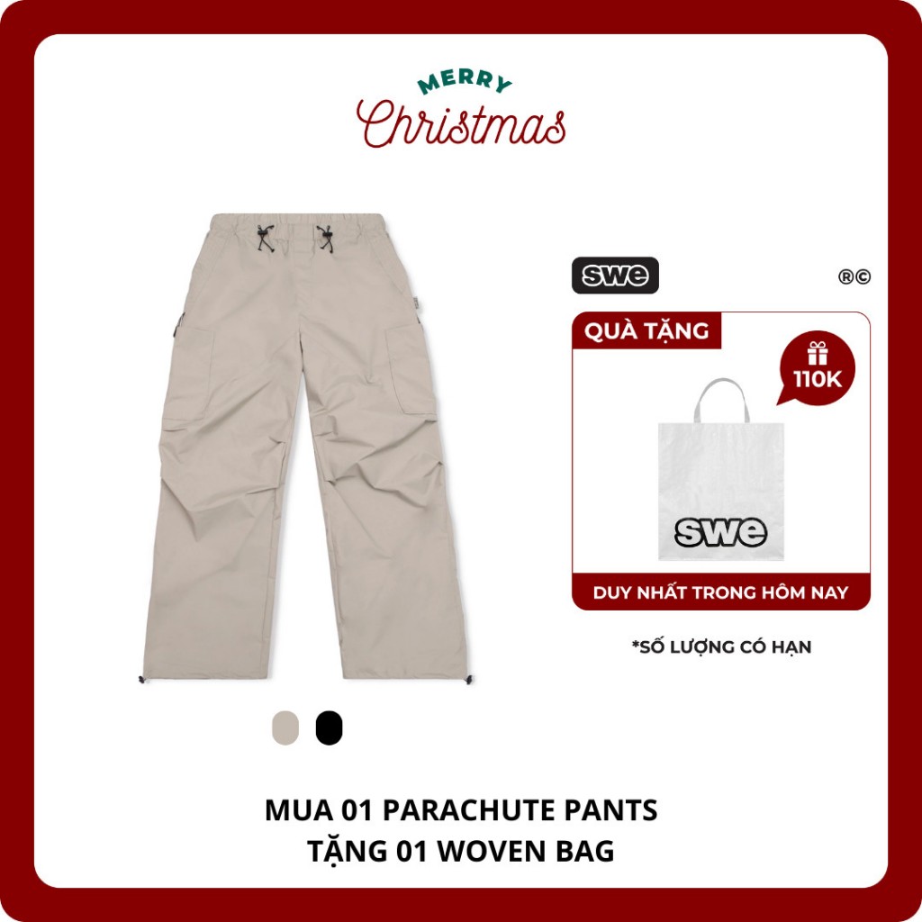 (TẶNG TÚI WOVEN BAG) Quần Dù Ống Rộng Tôn Eo Local Brand SWE PARACHUTE CARGO PANTS - Đen/ Sand