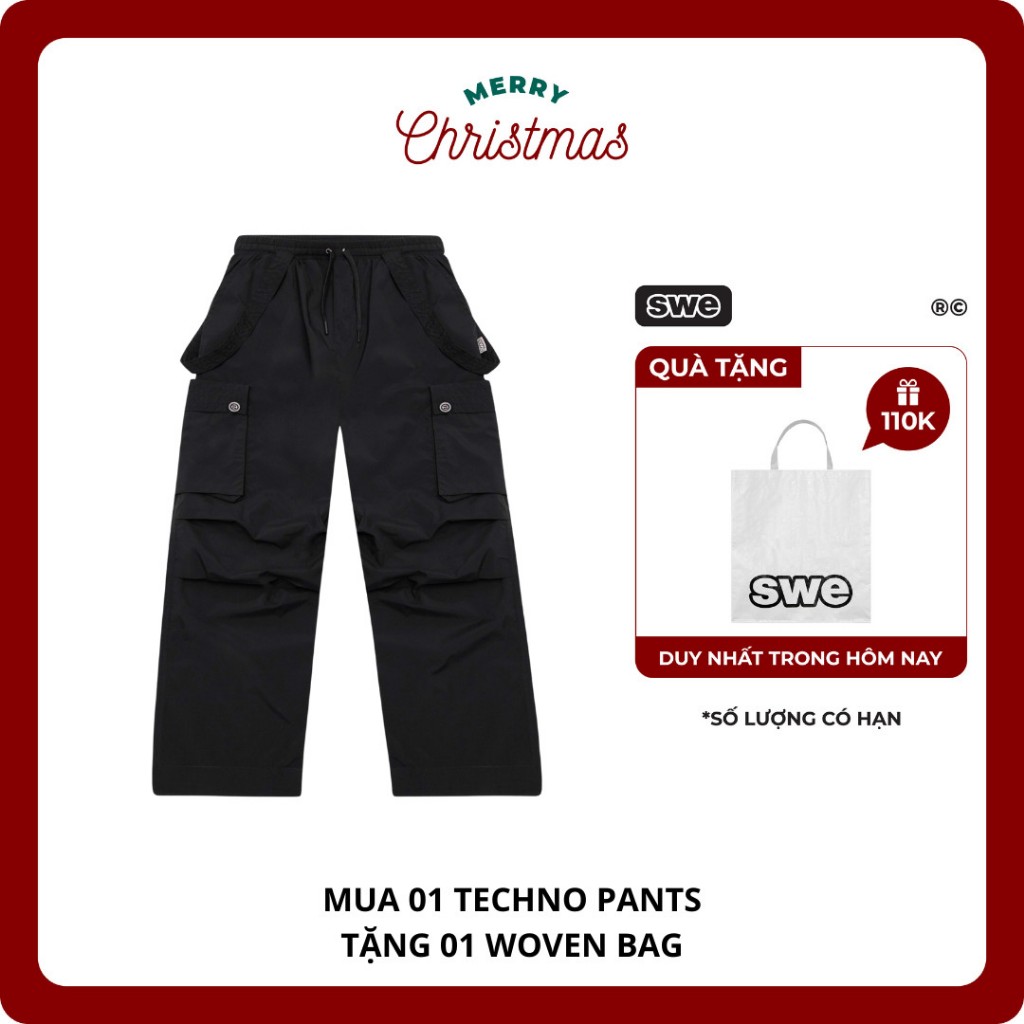 (TẶNG TÚI WOVEN BAG) Quần Dù Ống Rộng Tôn Dáng Unisex SWE TECHNO PANTS - Đen