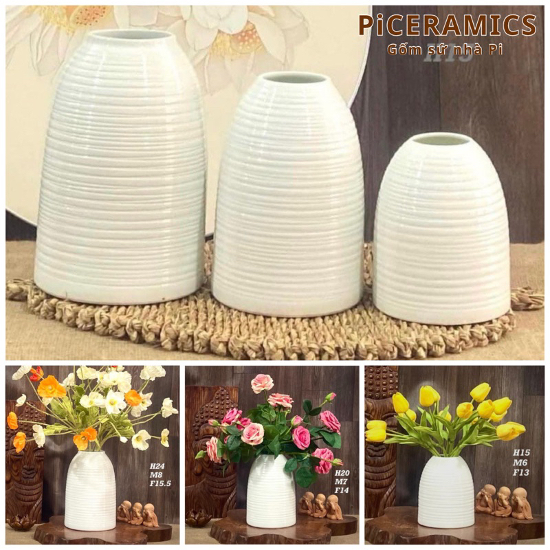 Bình hoa gốm dáng chuông, decor để bàn màu trắng, cao 24-20-15cm