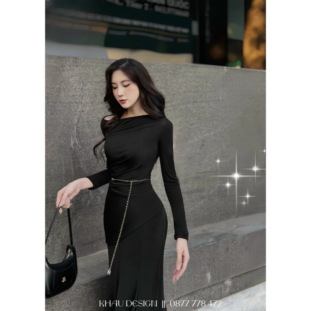 Set body áo vạt chéo mix chân váy đuôi cá dài dập ly chất tuyết mưa sang trọng K01