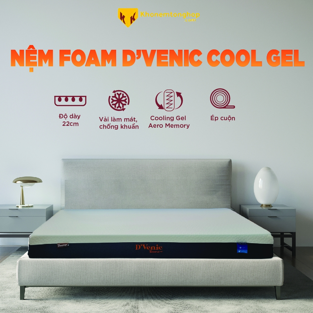 Nệm Foam D'Venic Cool Gel Cao 22cm, Đa Dạng Kích Thước Dễ Dàng Vận Chuyển