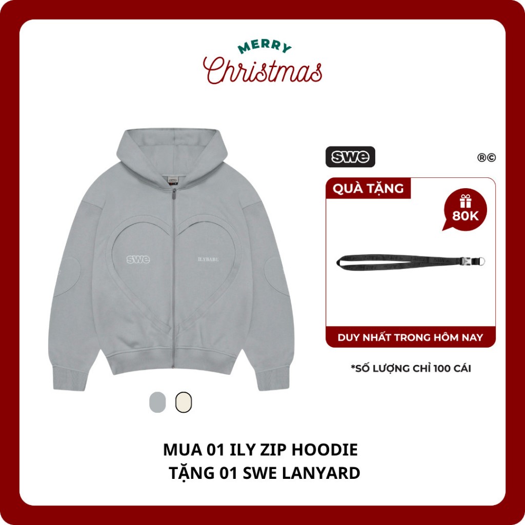 (TẶNG LANYARD ) Áo Hoodie Zip Có Nón Unisex SWE ILY ZIP HOODIE - Xám